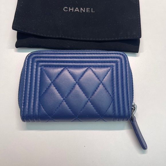 Chanel Lambskin leather Quilted Boy Zip Around Coin Purse Wallet Blue w/dust bag - Picture 4 of 16